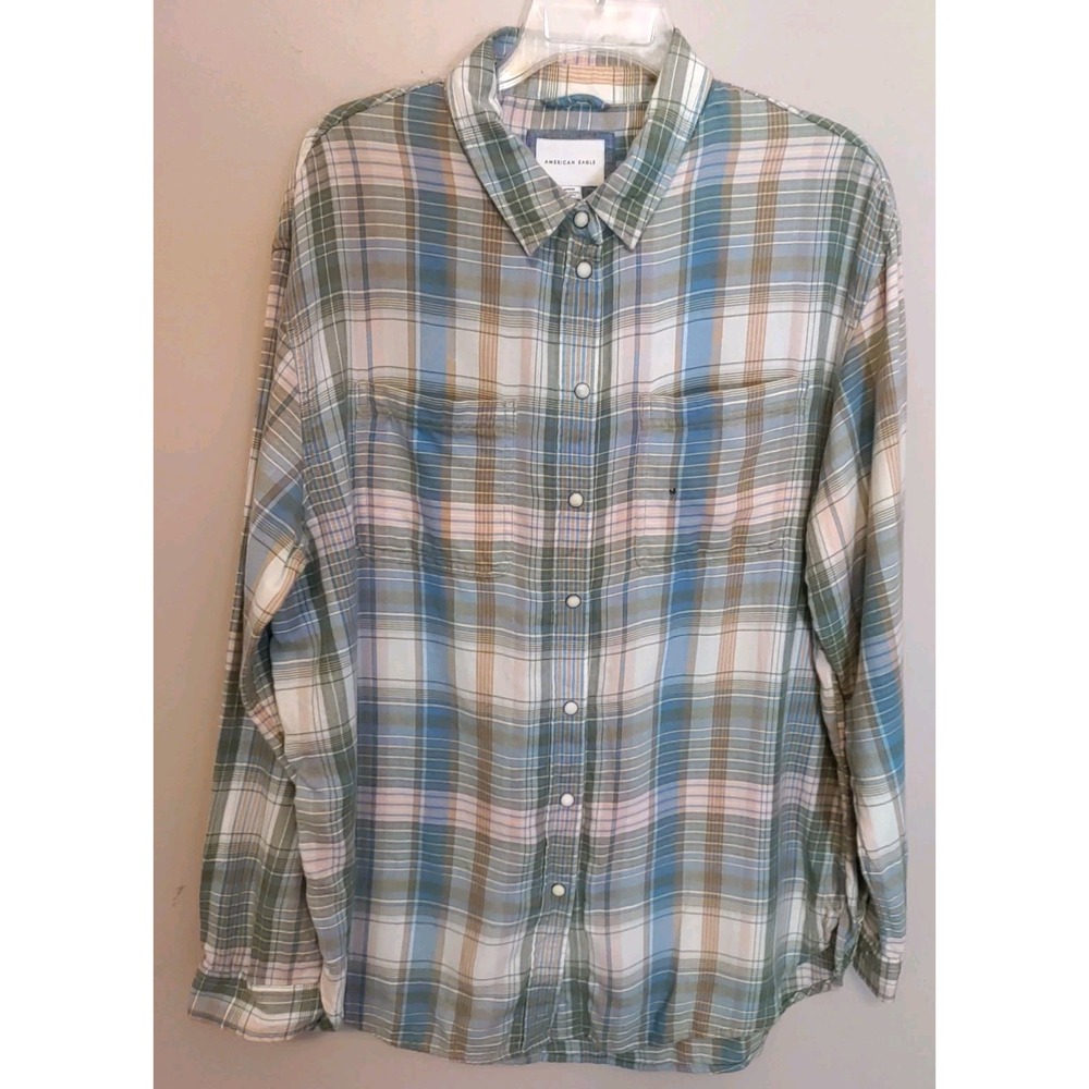 American Eagle Ivory Teal Brown Plaid Longsleeve Marble Snap Western Shirt M